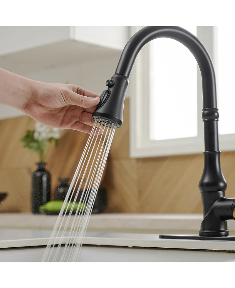 Greenspring Single-Handle Pull-Down Sprayer 3 Spray High Arc Kitchen Faucet With Deck Plate Matte Black & Gold
