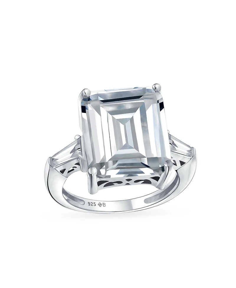 Bling Jewelry Art Deco Style 7CT Cz Emerald Cut Solitaire Statement Ring Sterling Silver Baguette Side Stones