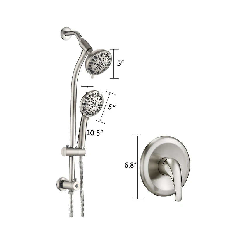 Rainsken Drill-Free Stainless Steel Slide Bar Combo Rain Showerhead 7-Setting Hand, Dual Shower Head Spa System (Rough-in Valve Included)
