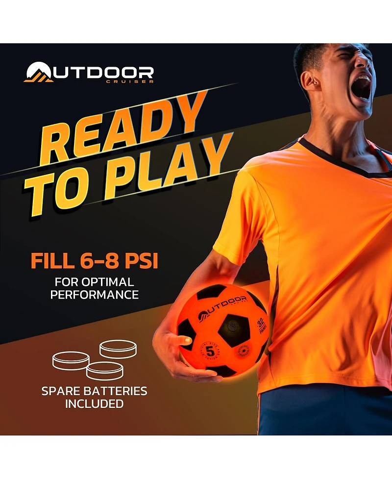 Lifemaster Enjoy glowing soccer fun with the Outdoor Cruiser Light Up Soccer Ball! Waterproof, tap-activated, and glows for up to 30 hours. Includes p