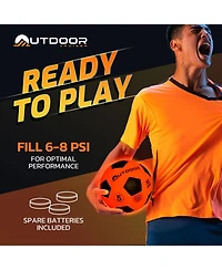 Lifemaster Enjoy glowing soccer fun with the Outdoor Cruiser Light Up Soccer Ball! Waterproof, tap-activated, and glows for up to 30 hours. Includes p
