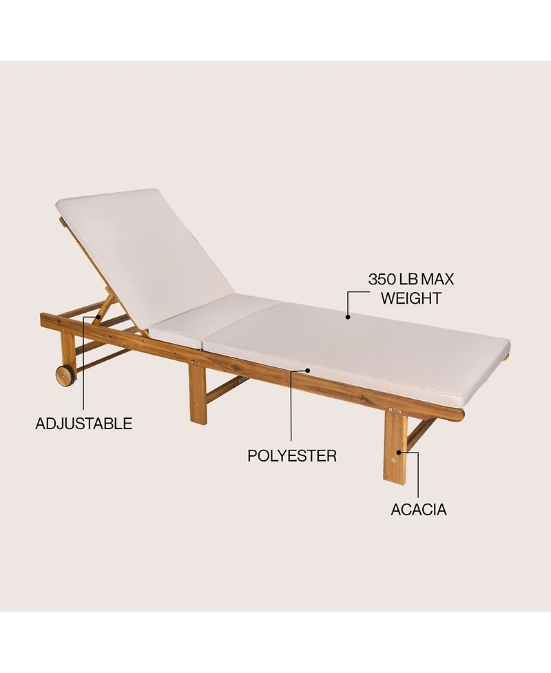 Jonathan Y Mallorca Modern Classic Foldable Adjustable Wood Chaise Outdoor Lounge Chair with Cushion & Wheels