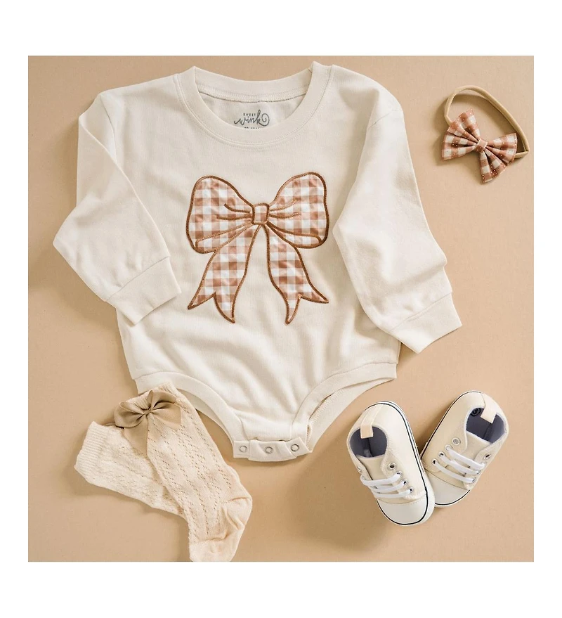 Sweet Wink Baby Girl Gingham Bow Patch Long Sleeve Romper