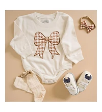 Sweet Wink Baby Girl Gingham Bow Patch Long Sleeve Romper