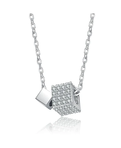 Genevive Sterling Silver White Gold Plated with Clear Cubic Zirconia Two-Square Pendant Necklace