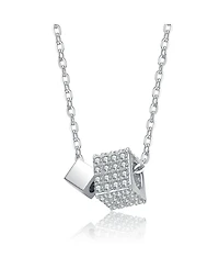 Genevive Sterling Silver White Gold Plated with Clear Cubic Zirconia Two-Square Pendant Necklace