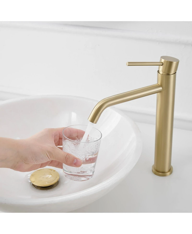 Modern Single Hole Handle Vessel Bathroom Vanity Sink Faucet With Pop Up Drain Without Overflow Brushed Gold