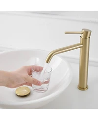 Modern Single Hole Handle Vessel Bathroom Vanity Sink Faucet With Pop Up Drain Without Overflow Brushed Gold