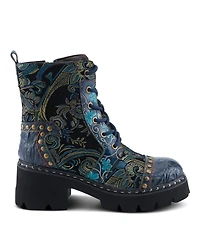 L Artiste Women s Severity Hand-Painted Lace-Up Combat Boot with Studs, Suede Shaft, and Lug Sole