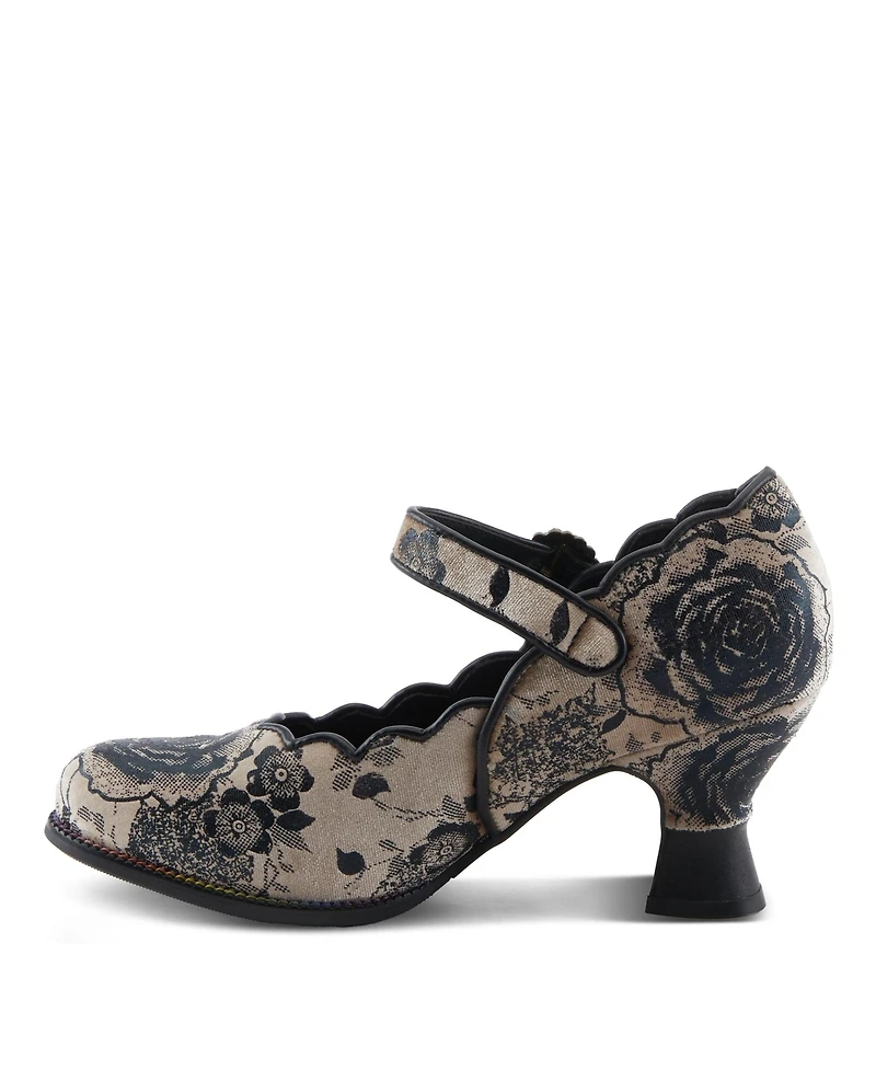 L'Artiste Women's Adodora-Prit Baroque Mary Jane Shoes with Velvet and Leather Upper, Scalloped Edges, Antique Buckle, Cushioned Insole, Sculpted