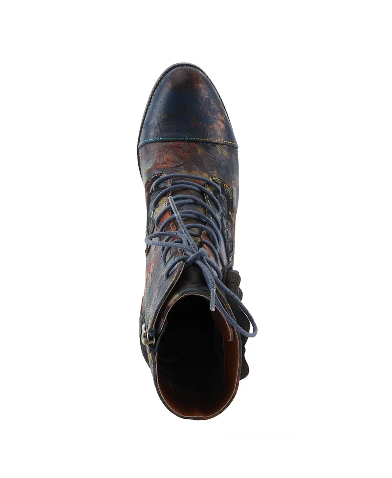 L Artiste Women s Roselia-flow Baroque Floral Lace-Up Boots with 3D Rose Applique and Sculpted Heel