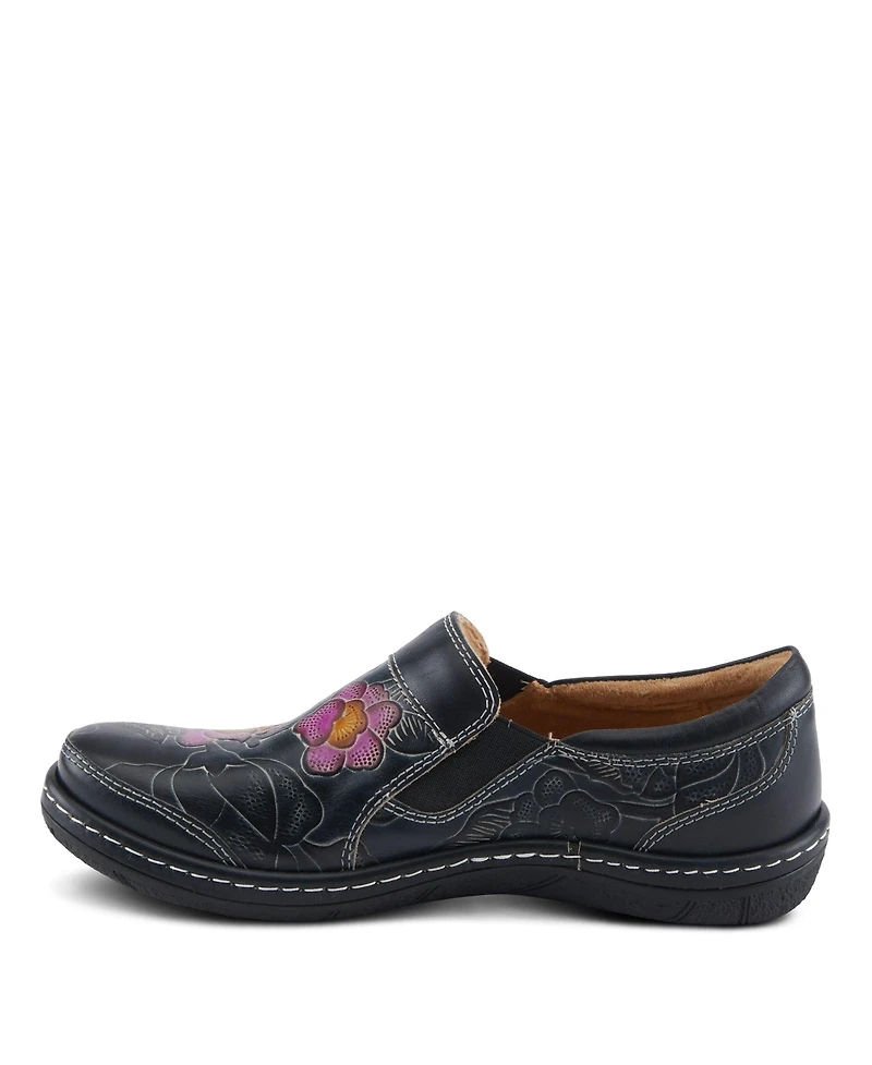 L'Artiste Women's Annawan Floral Embossed Handpainted Leather Comfort Slip-On Shoes with Stretch Gore and Padded Collar