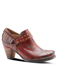 L'Artiste Women's Kacielou Western Shooties with Hand-Painted Leather, Studded Ankle Strap, Elastic Goring, and Cone Heel – Burnished Embossed Booties