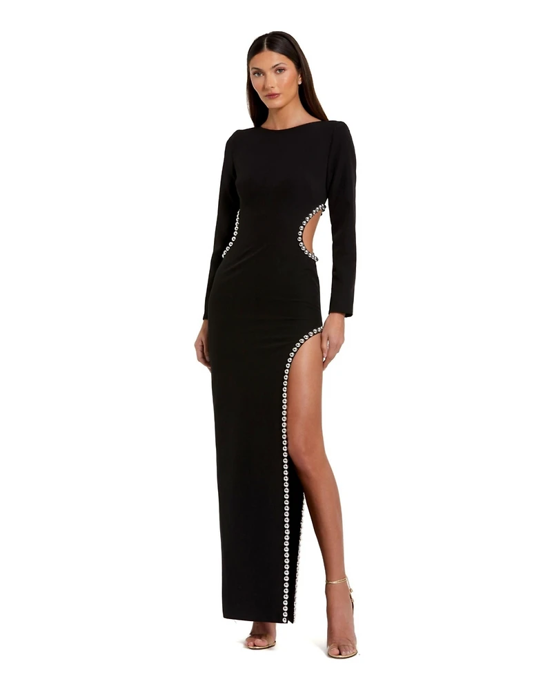 Mac Duggal Women's Crepe Long Sleeve Gown With Beaded Cut Outs