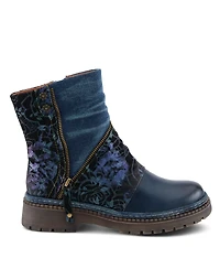 L'Artiste Women's Avrilrose Leather and Denim Booties with Daisy Accents, Lug Sole, Dual Zippers, Urban Grunge Design – Unique Mixed-Material Ankl