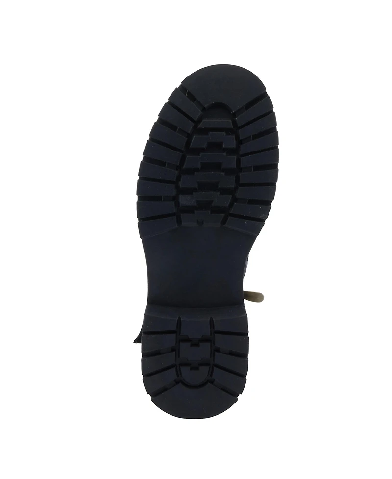 L'Artiste Women's Avrilrose Leather and Denim Booties with Daisy Accents, Lug Sole, Dual Zippers, Urban Grunge Design – Unique Mixed-Material Ankl