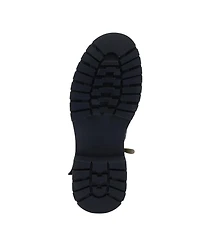 L'Artiste Women's Avrilrose Leather and Denim Booties with Daisy Accents, Lug Sole, Dual Zippers, Urban Grunge Design – Unique Mixed-Material Ankl