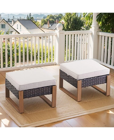 Gymojoy CubeEdge 2-Piece Wicker Outdoor Ottoman Patio Rattan Footrest Seat Steel Frame Foostool with Removable Olefin Cushions