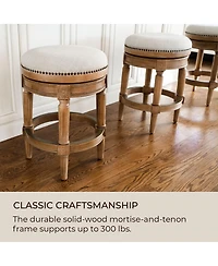 Maven Lane Pullman Backless Bar Stool in Weathered Oak Finish w/ Sand Color Fabric Upholstery, Set of 4