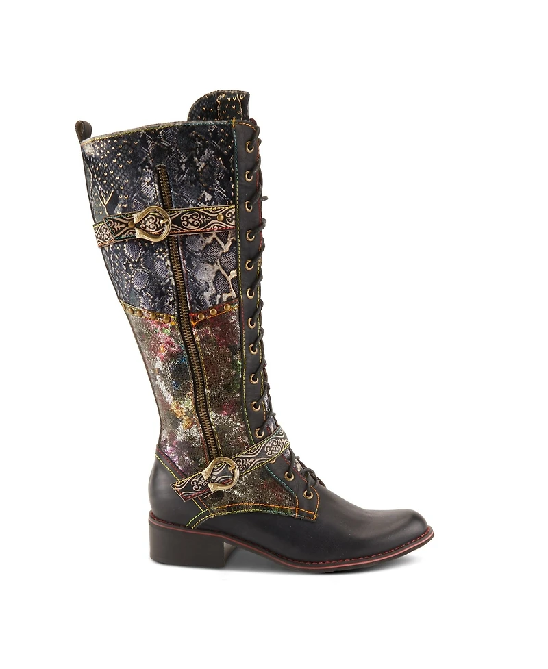 L'Artiste Women's Vaneyck Hand-Painted Tall Boots with Iridescent Leather, Double Buckle Detail, Lace-Up and Zipper Closure, Rainbow Stitching, Ru