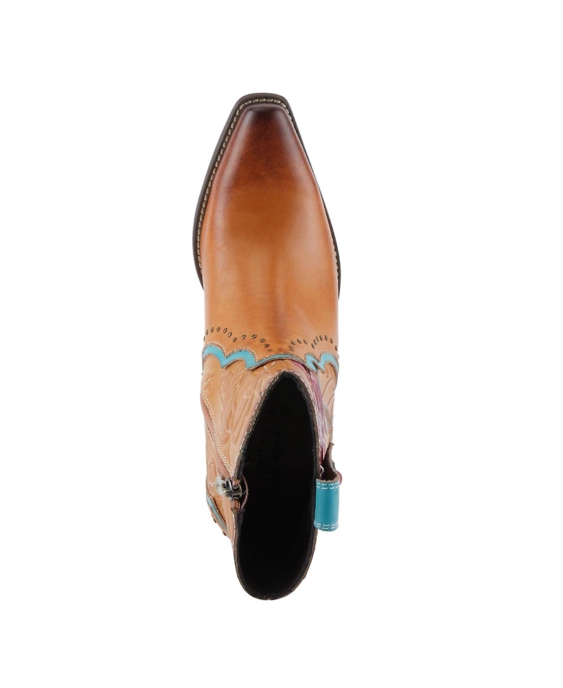 L Artiste Women s Rebamac Western Floral Embossed Leather Mid-Calf Cowboy Booties with Snip Toe and Zipper Closure