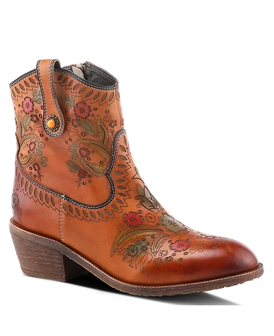 L Artiste Women s Galop Handpainted Leather Western Booties with Floral Embossing, Pull Tab, and Side Zipper