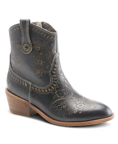L Artiste Women s Galop Handpainted Leather Western Booties with Floral Embossing, Pull Tab, and Side Zipper