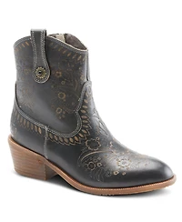 L Artiste Women s Galop Handpainted Leather Western Booties with Floral Embossing, Pull Tab, and Side Zipper