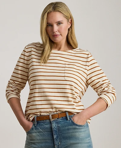 Lauren Ralph Plus Striped Boat Neck Top