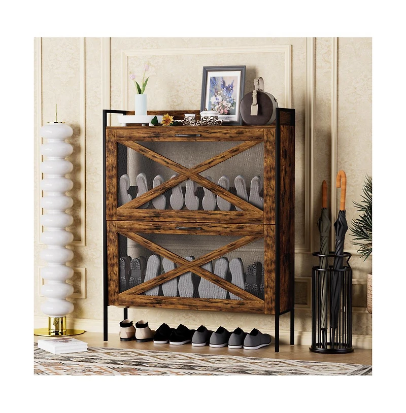 Chic Crate-2-Drawer Flip-Top Shoe Cabinet Narrow | Entryway | Metal Legs | Rustic Brown | 31.5inx8.5inx39.5in