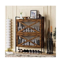 Chic Crate-2-Drawer Flip-Top Shoe Cabinet Narrow | Entryway | Metal Legs | Rustic Brown | 31.5inx8.5inx39.5in