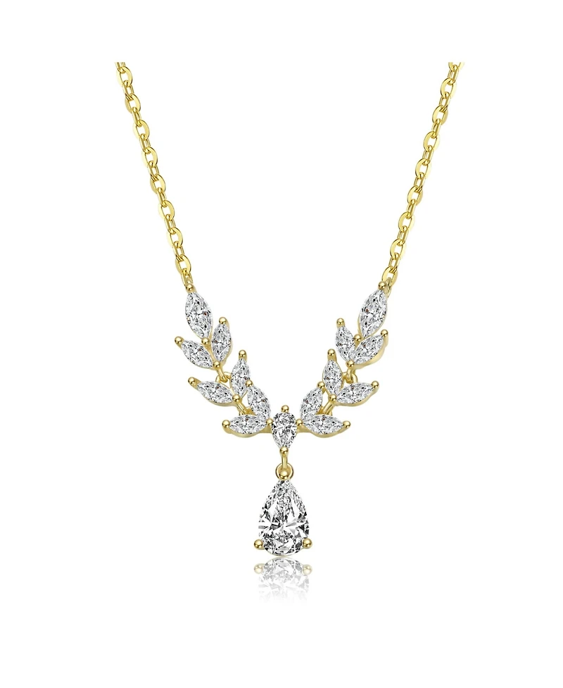 Genevive Sterling Silver 14K Gold Plated with Clear Cubic Zirconia Leaf Design Drop Necklace