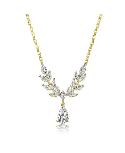 Genevive Sterling Silver 14K Gold Plated with Clear Cubic Zirconia Leaf Design Drop Necklace