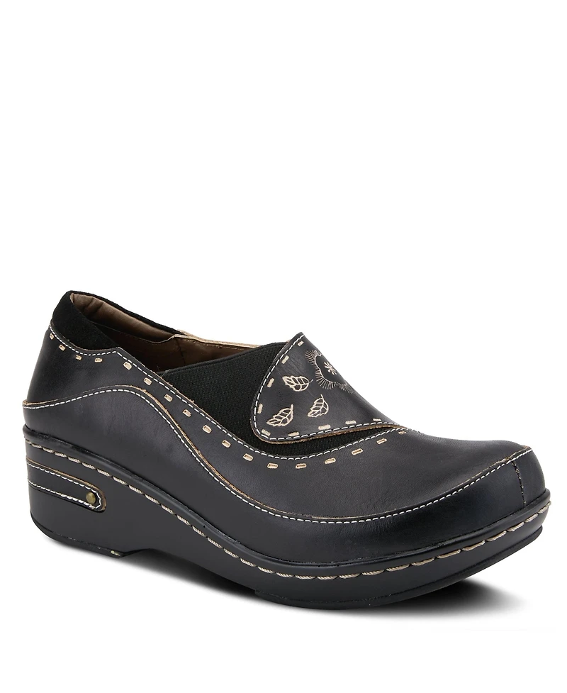 L Artiste Women s Burbank Hand-Painted Leather Clogs with Floral Embossing and Elastic Insets
