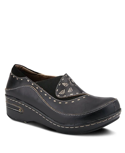 L Artiste Women s Burbank Hand-Painted Leather Clogs with Floral Embossing and Elastic Insets