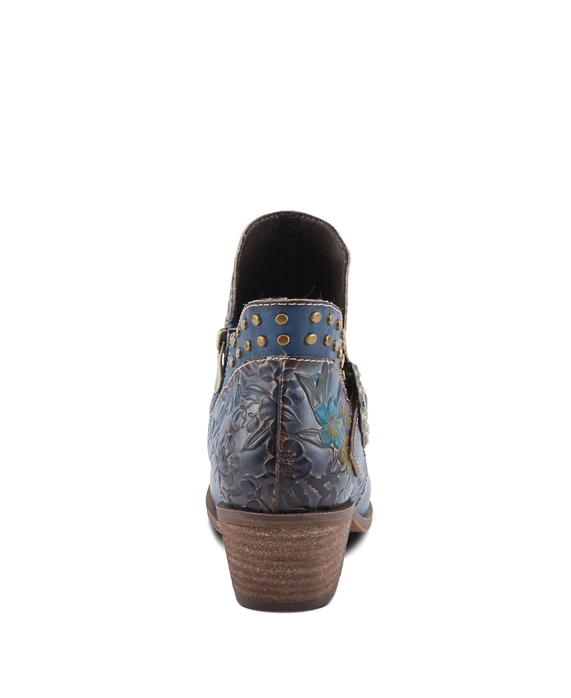 L'Artiste Women's Daintylady Western Ankle Boots with Hand-Painted Floral Embossing, Studded Belt Detail, Side Zipper, and 2¼" Heel –