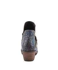 L'Artiste Women's Daintylady Western Ankle Boots with Hand-Painted Floral Embossing, Studded Belt Detail, Side Zipper, and 2¼" Heel –