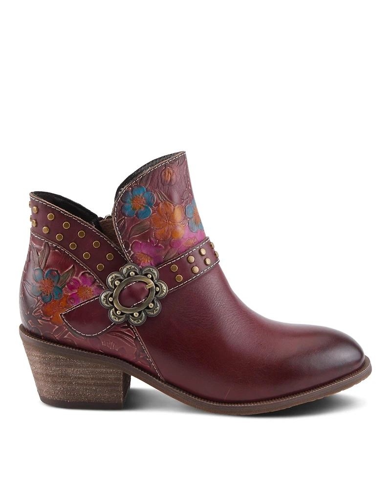 L'Artiste Women's Daintylady Western Ankle Boots with Hand-Painted Floral Embossing, Studded Belt Detail, Side Zipper, and 2¼" Heel –