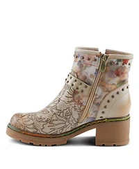 L'Artiste Women's Branchout Hand-Painted Leather Booties with Etched Botanical Motifs, Studded Buckle Strap, Inside Zipper, and Rainbow Stitching