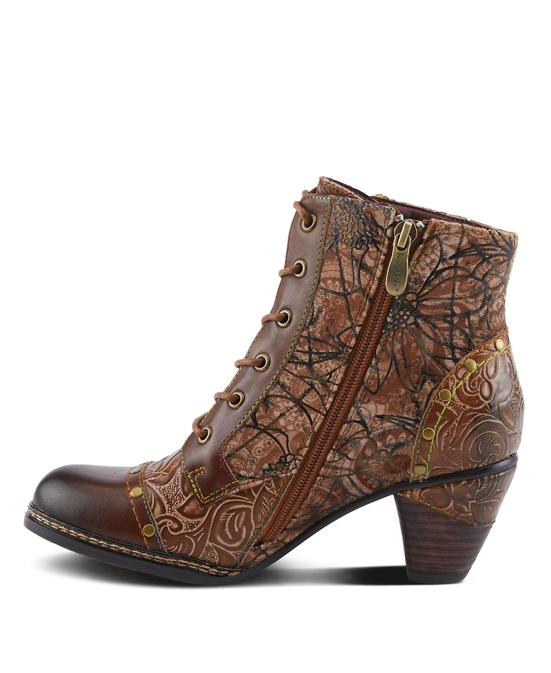 L'Artiste Women's Avyanna Velvet and Leather Ankle Boots with Embossed Floral Design, Cap Toe, Dual Zippers, Low Heel – Romantic Hand-Painted Stat
