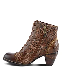 L'Artiste Women's Avyanna Velvet and Leather Ankle Boots with Embossed Floral Design, Cap Toe, Dual Zippers, Low Heel – Romantic Hand-Painted Stat