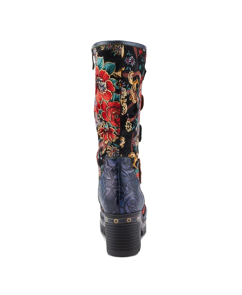 L Artiste Women s Brazen Mid-Shaft Boot with Embossed Floral Leather, Buckled Straps & Faux Fur Lining