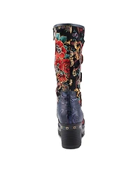 L Artiste Women s Brazen Mid-Shaft Boot with Embossed Floral Leather, Buckled Straps & Faux Fur Lining
