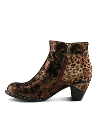 L'Artiste Women's Dessalynn Floral and Animal Print Suede Ankle Boots with Velvet Lining, Decorative Button, Side Zipper, Sculpted Mid Heel – Arti