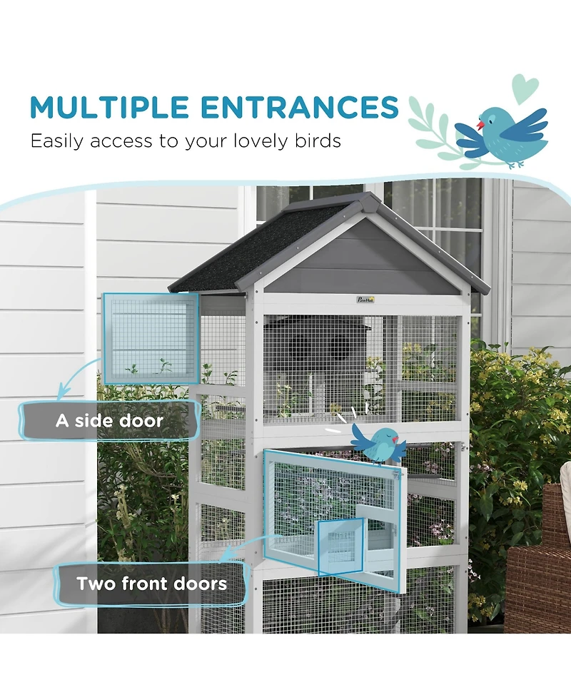 PawHut Wooden Bird Aviary with Slide-Out Tray, Birdhouse, Ladder, Perches