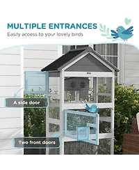 PawHut Wooden Bird Aviary with Slide-Out Tray, Birdhouse, Ladder, Perches