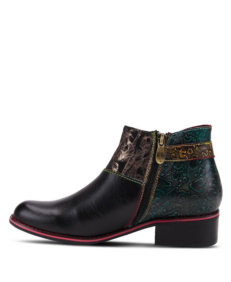 L'Artiste Women's Tiatia Hand-Painted Leather Ankle Boots with Asymmetrical Buckle Strap, Embossed and Suede Panels, Block Heel, Side Zipper – Fre