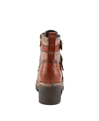 L'Artiste Women's Moonlit Leather Booties with Floral Embossing, Triple Buckle Straps, Inside Zipper, and Lug Sole – Velvet-Lined Statement Ank