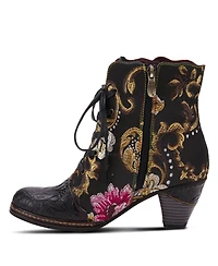 L'Artiste Women's Siren Embroidered Floral Lace-Up Booties with Embossed Leather, Scalloped Trim & Cone Heel