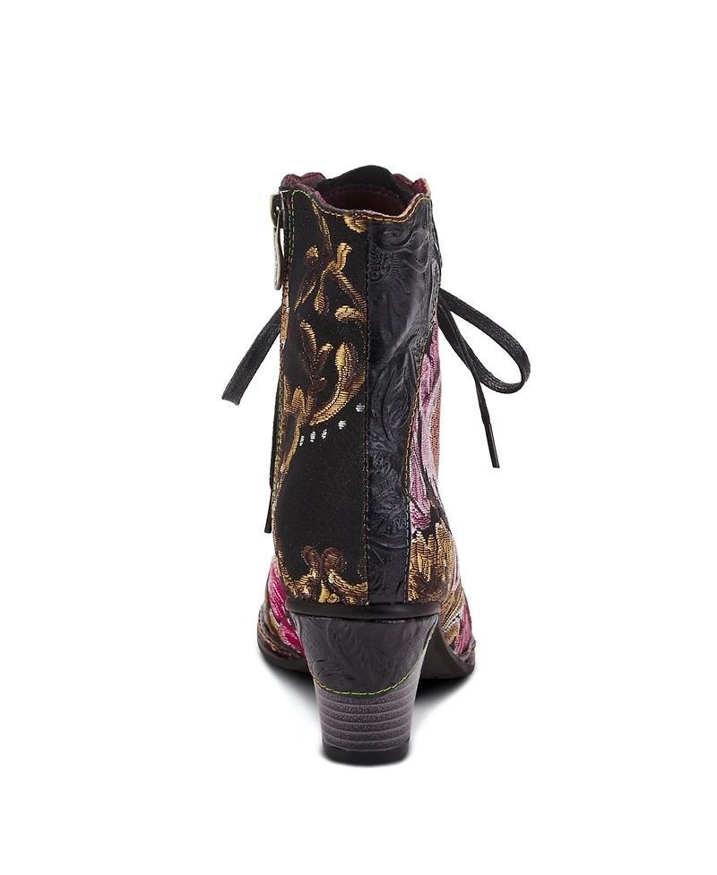 L'Artiste Women's Siren Embroidered Floral Lace-Up Booties with Embossed Leather, Scalloped Trim & Cone Heel